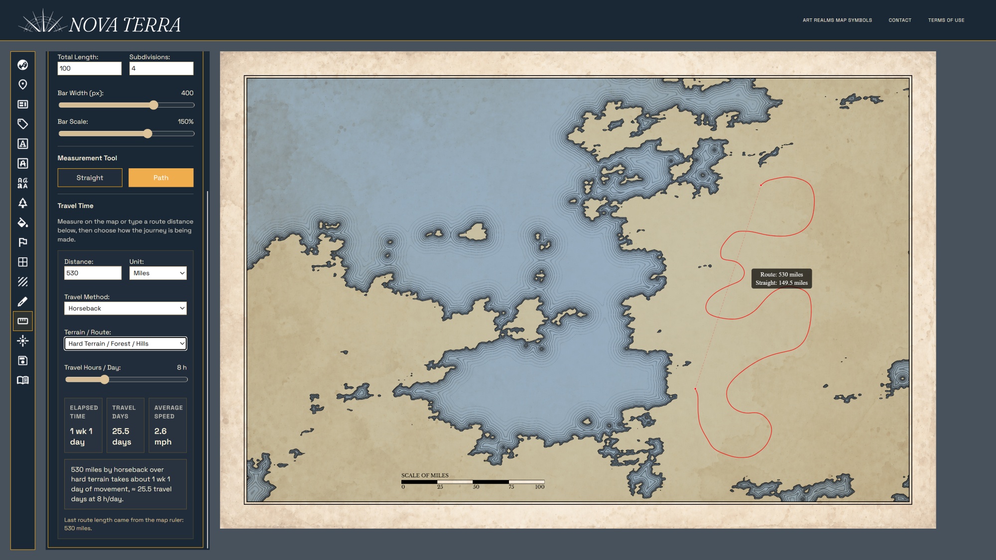Nova Terra travel time and path measure tool